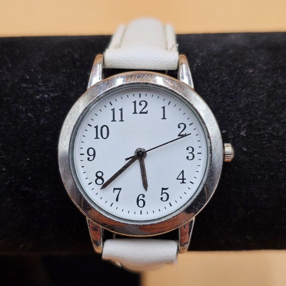 Vintage Silver Tone Ladies Quartz Watch White Dial & Band New Battery
